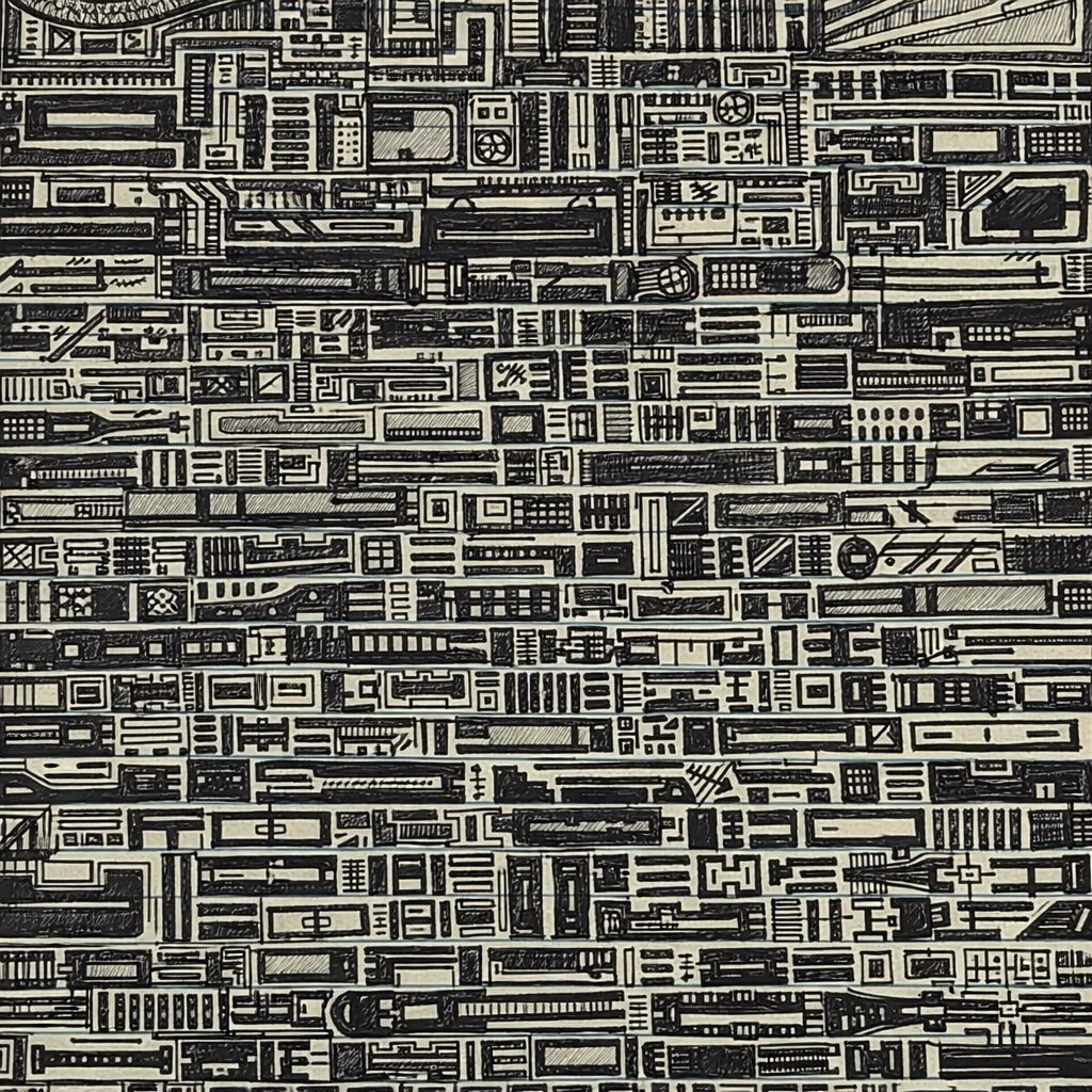 A dense hand-drawn ink study of interlocking circuit-like forms, by Grant Williams.