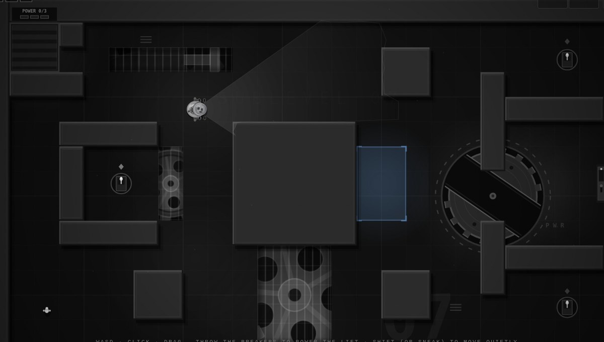 In-game view: a small robot sweeps its searchlight across a dark industrial sublevel.