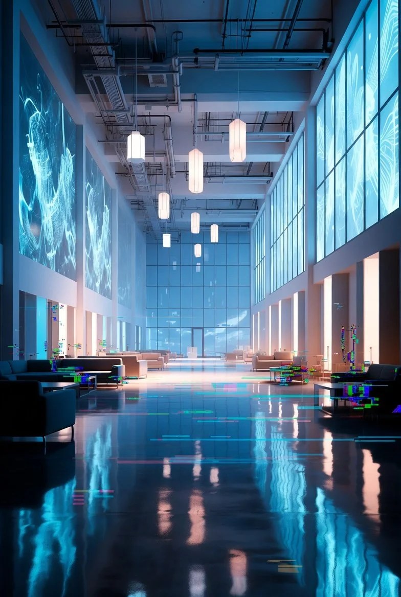 The lounge lobby: a long blue-lit hall of lanterns and glowing wall screens.